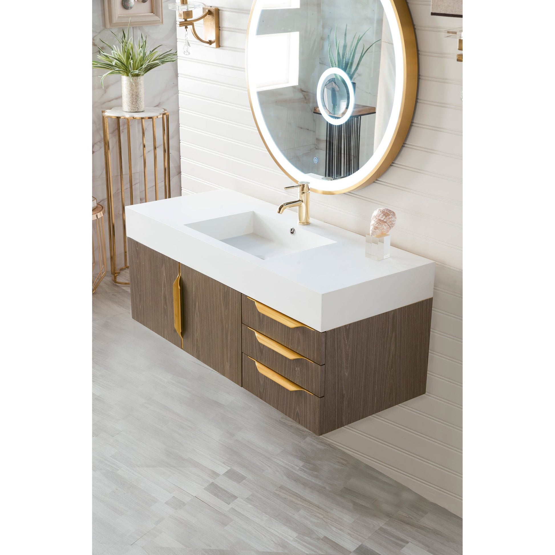 James Martin Vanities Columbia 48" Ash Gray and Radiant Gold Single Wall Mount Vanity With Glossy White Composite Stone Top