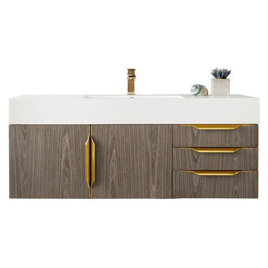 James Martin Vanities Columbia 48" Ash Gray and Radiant Gold Single Wall Mount Vanity With Glossy White Composite Stone Top