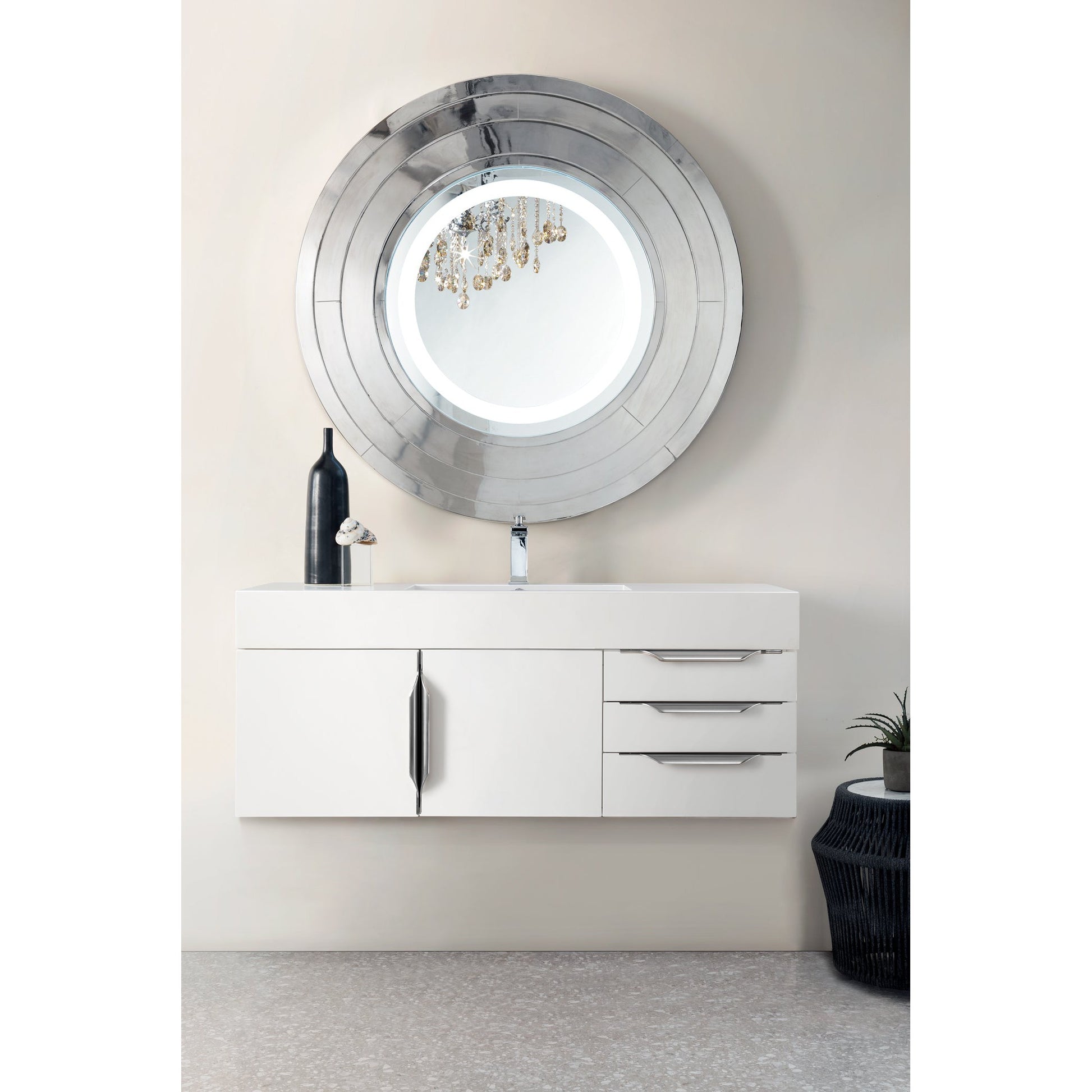 James Martin Vanities Columbia 48" Glossy White and Brushed Nickel Single Wall Mount Vanity With Glossy White Composite Stone Top