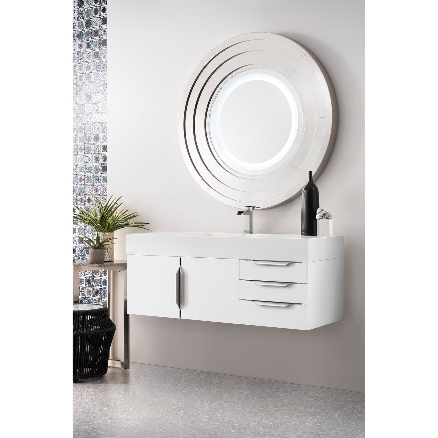 James Martin Vanities Columbia 48" Glossy White and Brushed Nickel Single Wall Mount Vanity With Glossy White Composite Stone Top