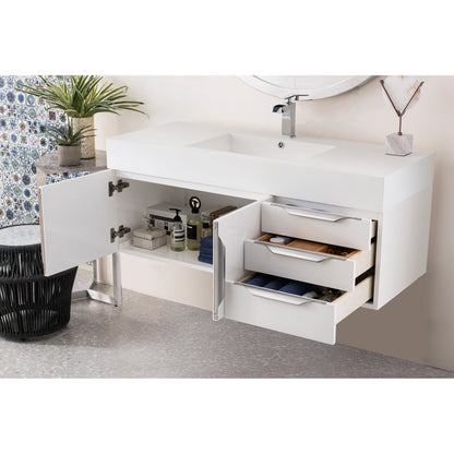 James Martin Vanities Columbia 48" Glossy White and Brushed Nickel Single Wall Mount Vanity With Glossy White Composite Stone Top