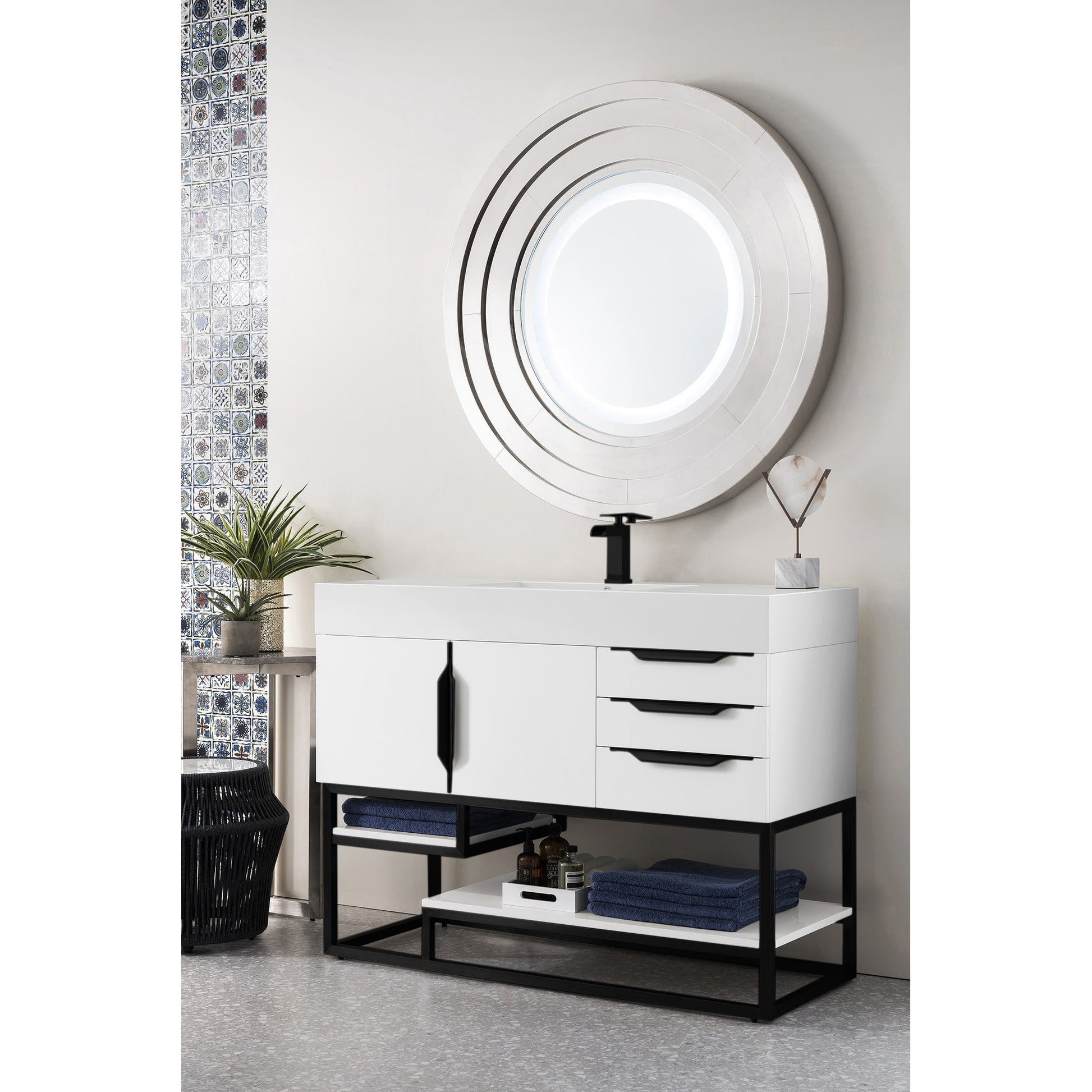 James Martin Vanities Columbia 48" Glossy White and Matte Black Single Vanity With Glossy White Composite Stone Top