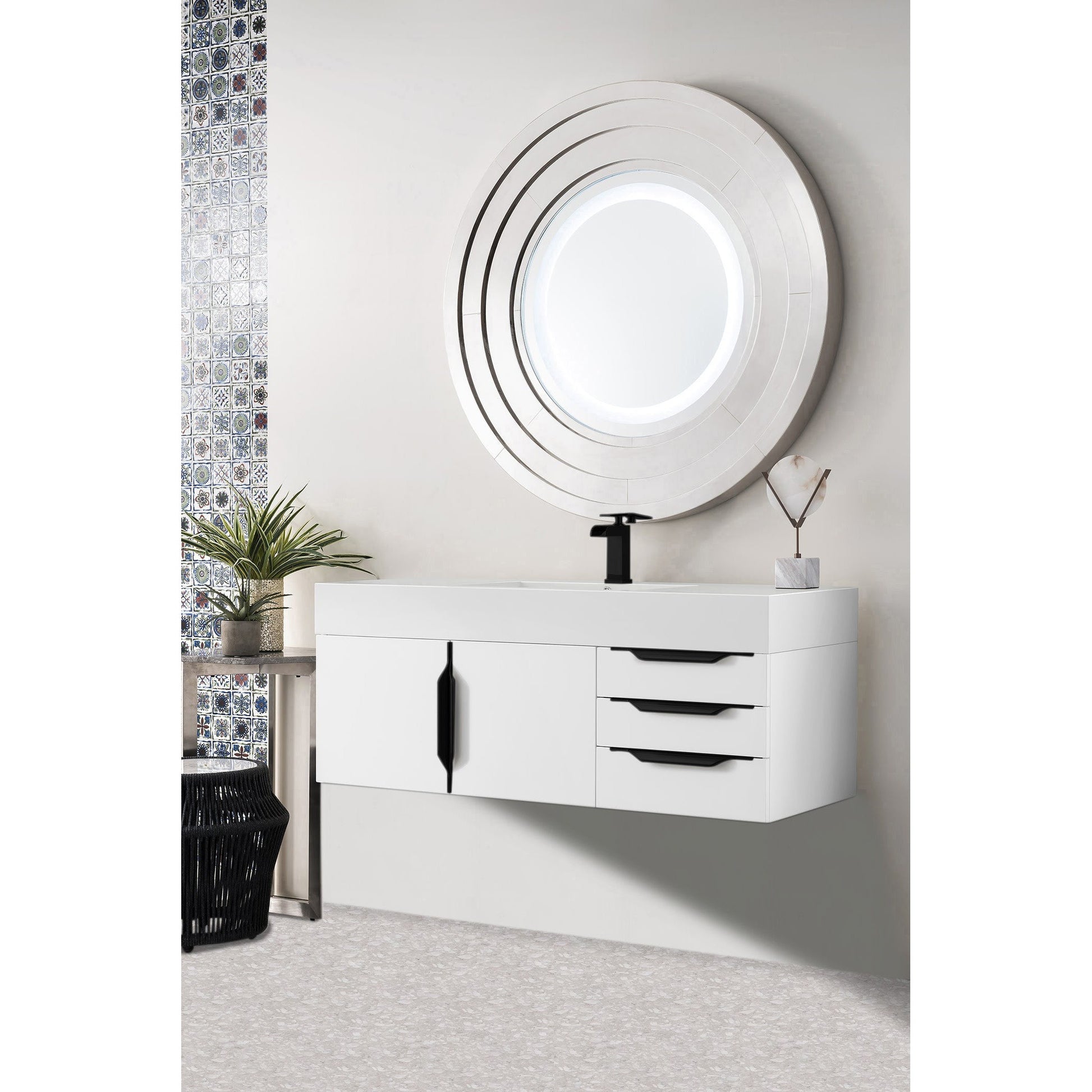 James Martin Vanities Columbia 48" Glossy White and Matte Black Single Wall Mount Vanity With Glossy White Composite Stone Top