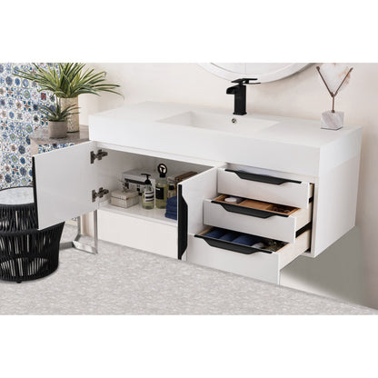 James Martin Vanities Columbia 48" Glossy White and Matte Black Single Wall Mount Vanity With Glossy White Composite Stone Top