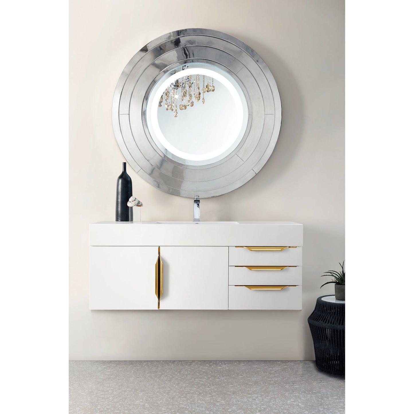 James Martin Vanities Columbia 48" Glossy White and Radiant Gold Single Wall Mount Vanity With Glossy White Composite Stone Top