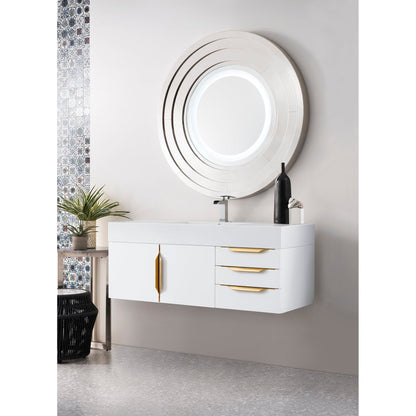 James Martin Vanities Columbia 48" Glossy White and Radiant Gold Single Wall Mount Vanity With Glossy White Composite Stone Top