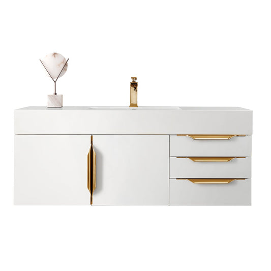 James Martin Vanities Columbia 48" Glossy White and Radiant Gold Single Wall Mount Vanity With Glossy White Composite Stone Top