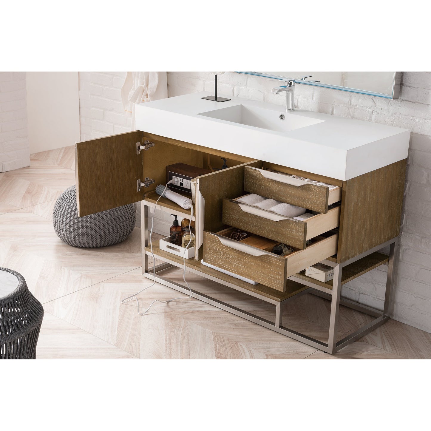 James Martin Vanities Columbia 48" Latte Oak and Brushed Nickel Single Vanity With Glossy White Composite Stone Top