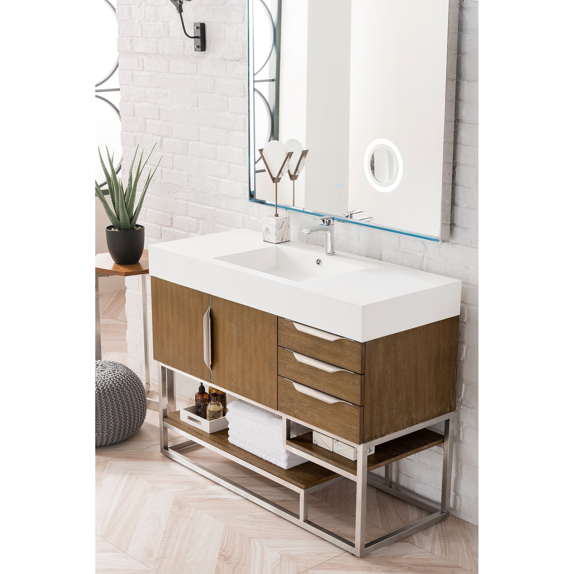 James Martin Vanities Columbia 48" Latte Oak and Brushed Nickel Single Vanity With Glossy White Composite Stone Top