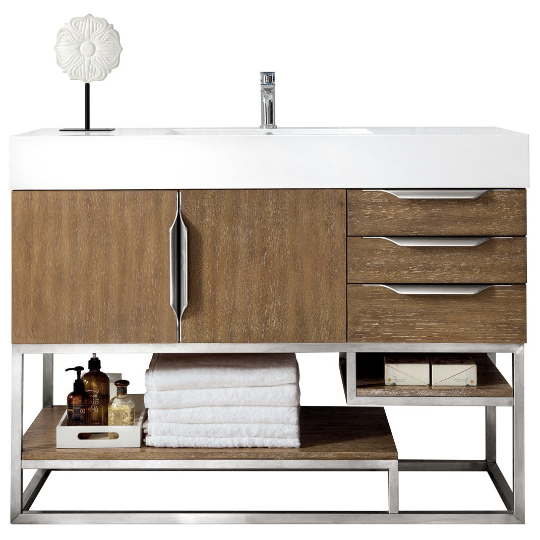 James Martin Vanities Columbia 48" Latte Oak and Brushed Nickel Single Vanity With Glossy White Composite Stone Top