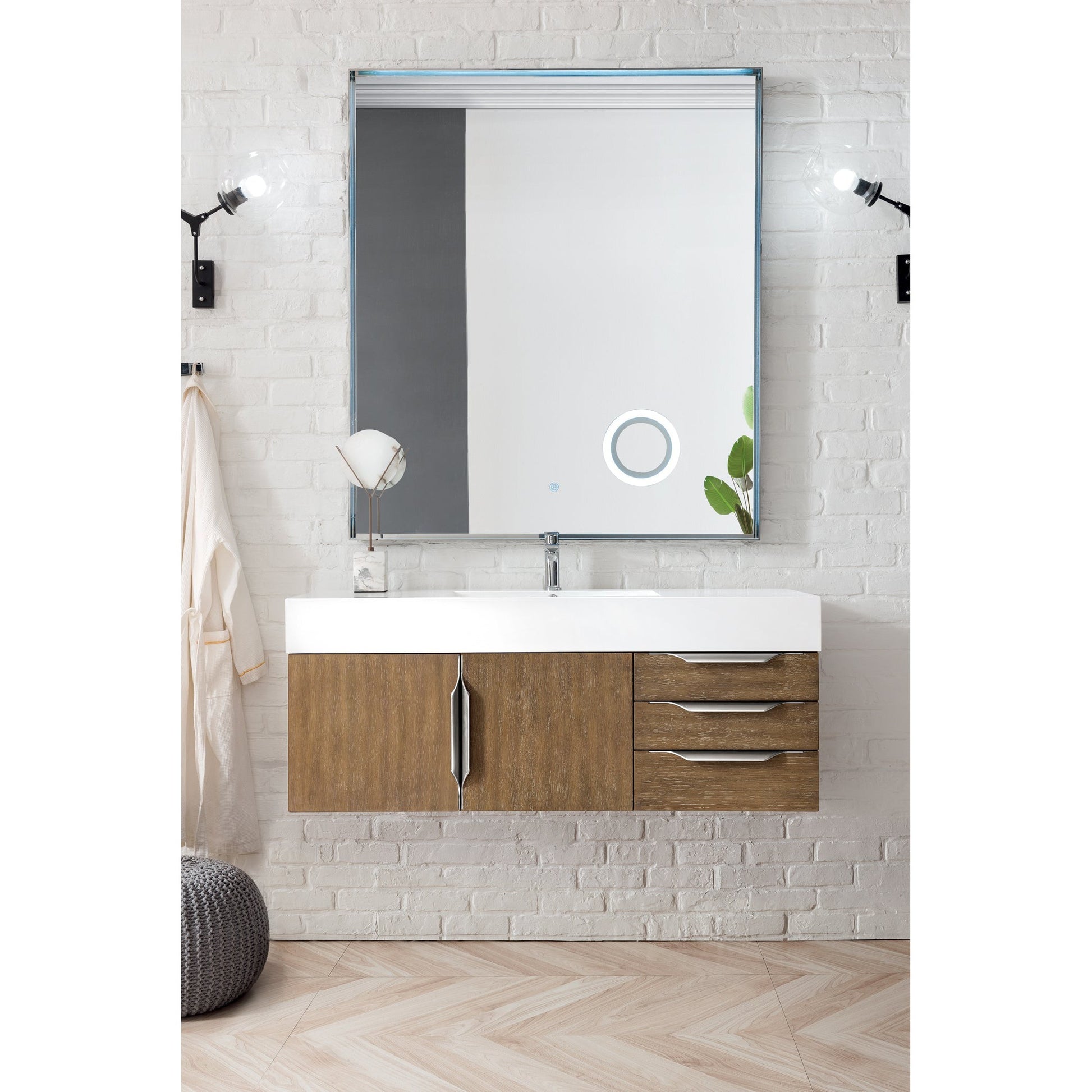 James Martin Vanities Columbia 48" Latte Oak and Brushed Nickel Single Wall Mount Vanity With Glossy White Composite Stone Top