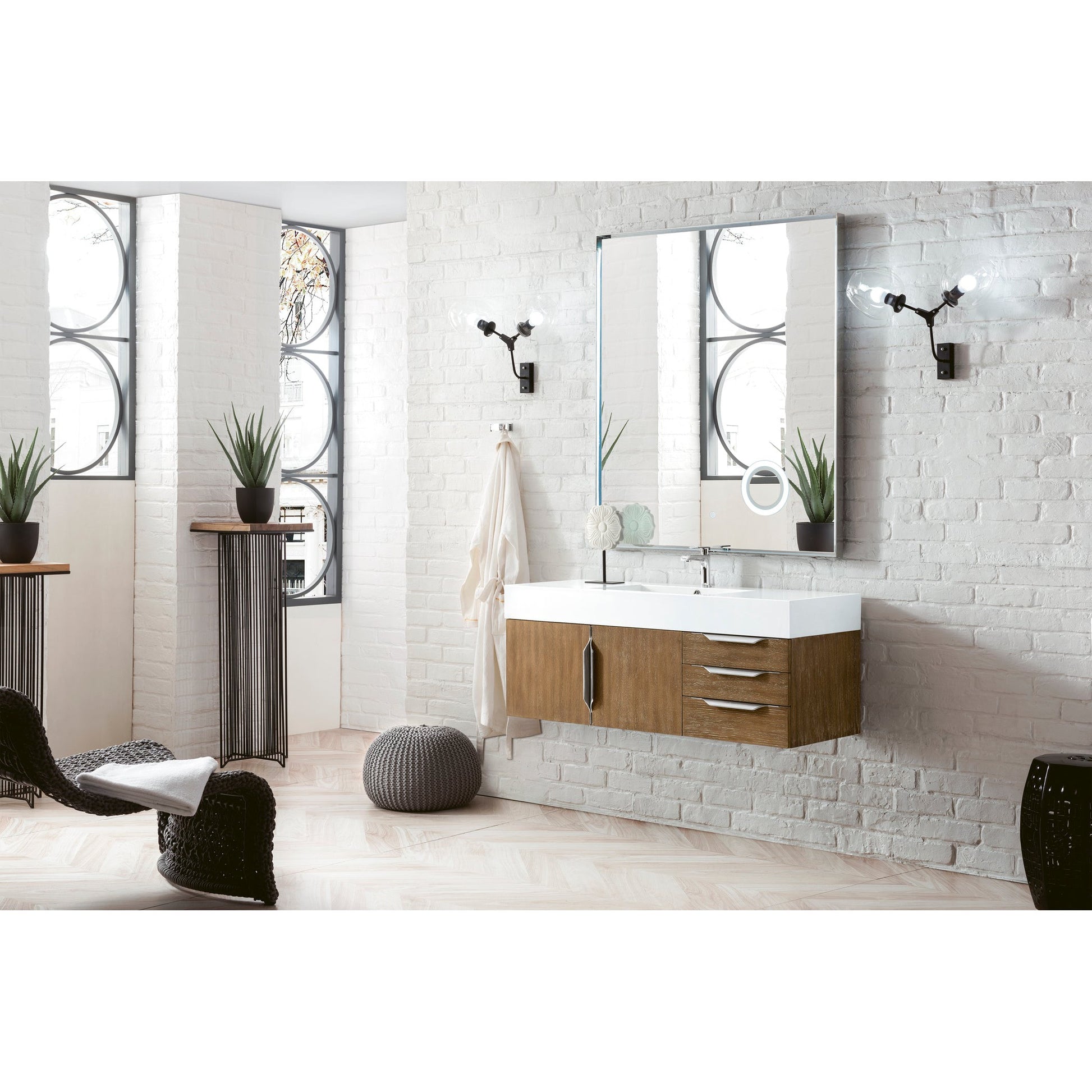 James Martin Vanities Columbia 48" Latte Oak and Brushed Nickel Single Wall Mount Vanity With Glossy White Composite Stone Top