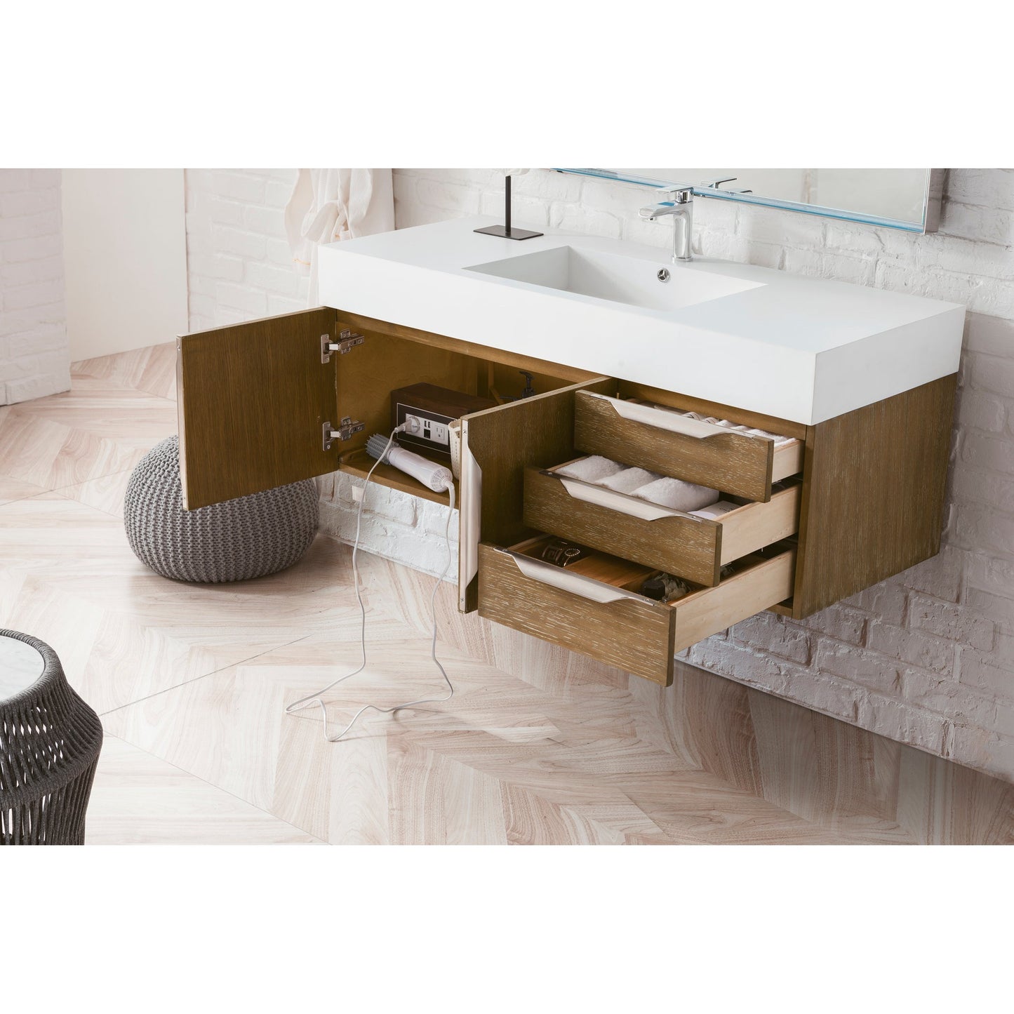 James Martin Vanities Columbia 48" Latte Oak and Brushed Nickel Single Wall Mount Vanity With Glossy White Composite Stone Top