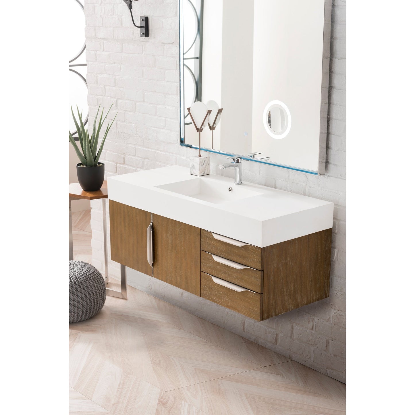 James Martin Vanities Columbia 48" Latte Oak and Brushed Nickel Single Wall Mount Vanity With Glossy White Composite Stone Top