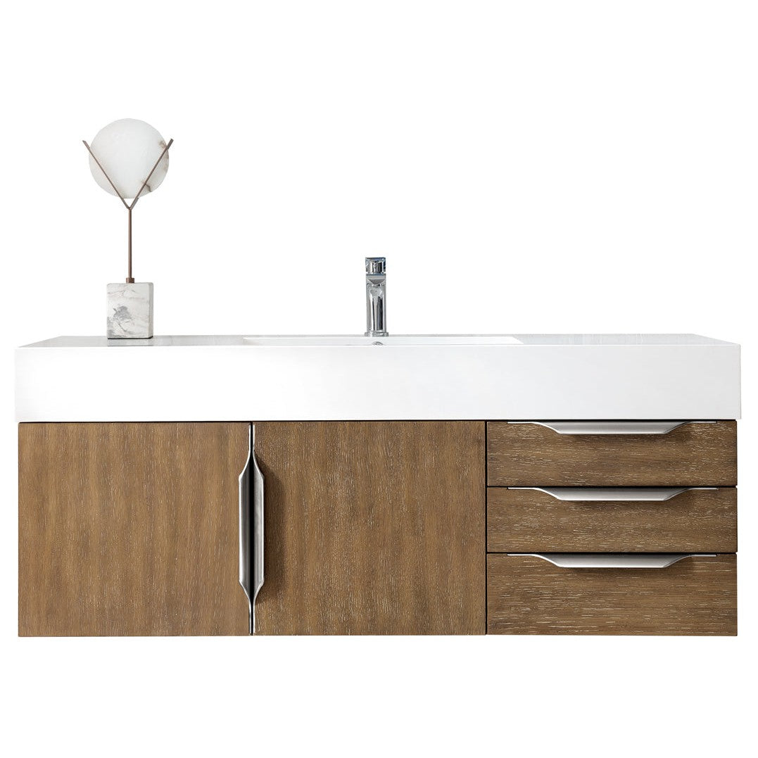 James Martin Vanities Columbia 48" Latte Oak and Brushed Nickel Single Wall Mount Vanity With Glossy White Composite Stone Top