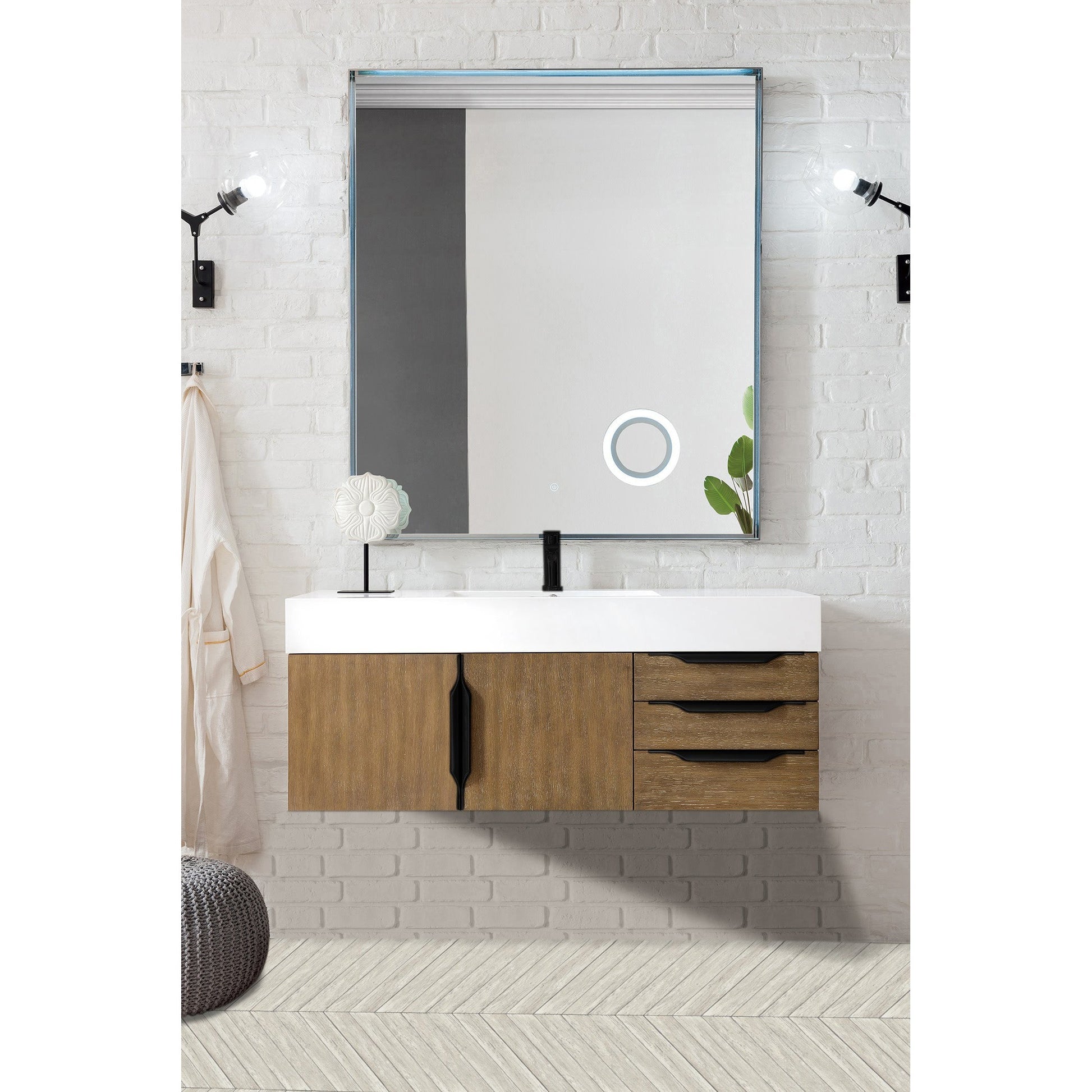 James Martin Vanities Columbia 48" Latte Oak and Matte Black Single Wall Mount Vanity With Glossy White Composite Stone Top