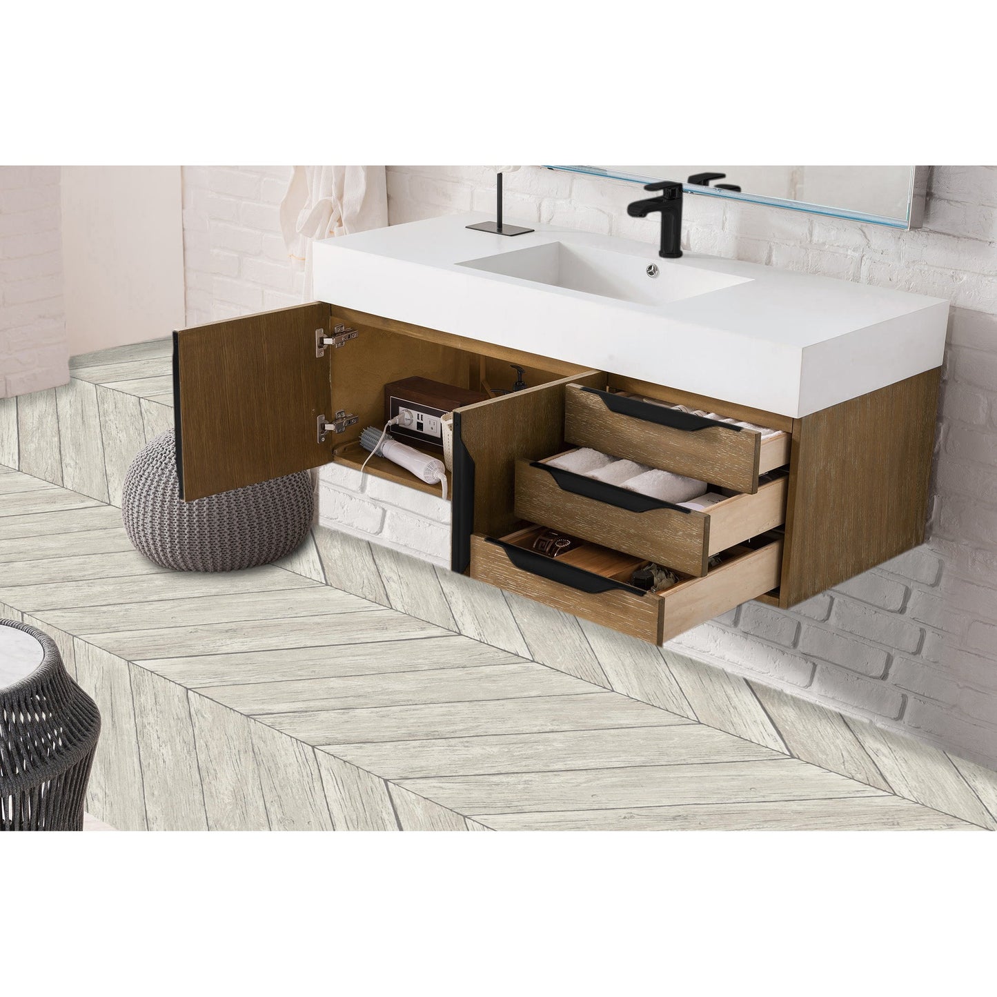 James Martin Vanities Columbia 48" Latte Oak and Matte Black Single Wall Mount Vanity With Glossy White Composite Stone Top