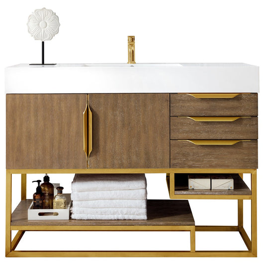 James Martin Vanities Columbia 48" Latte Oak and Radiant Gold Single Vanity With Glossy White Composite Stone Top