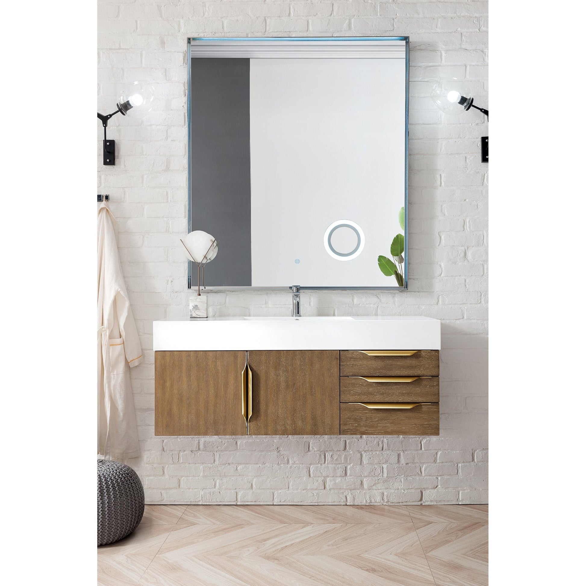 James Martin Vanities Columbia 48" Latte Oak and Radiant Gold Single Wall Mount Vanity With Glossy White Composite Stone Top