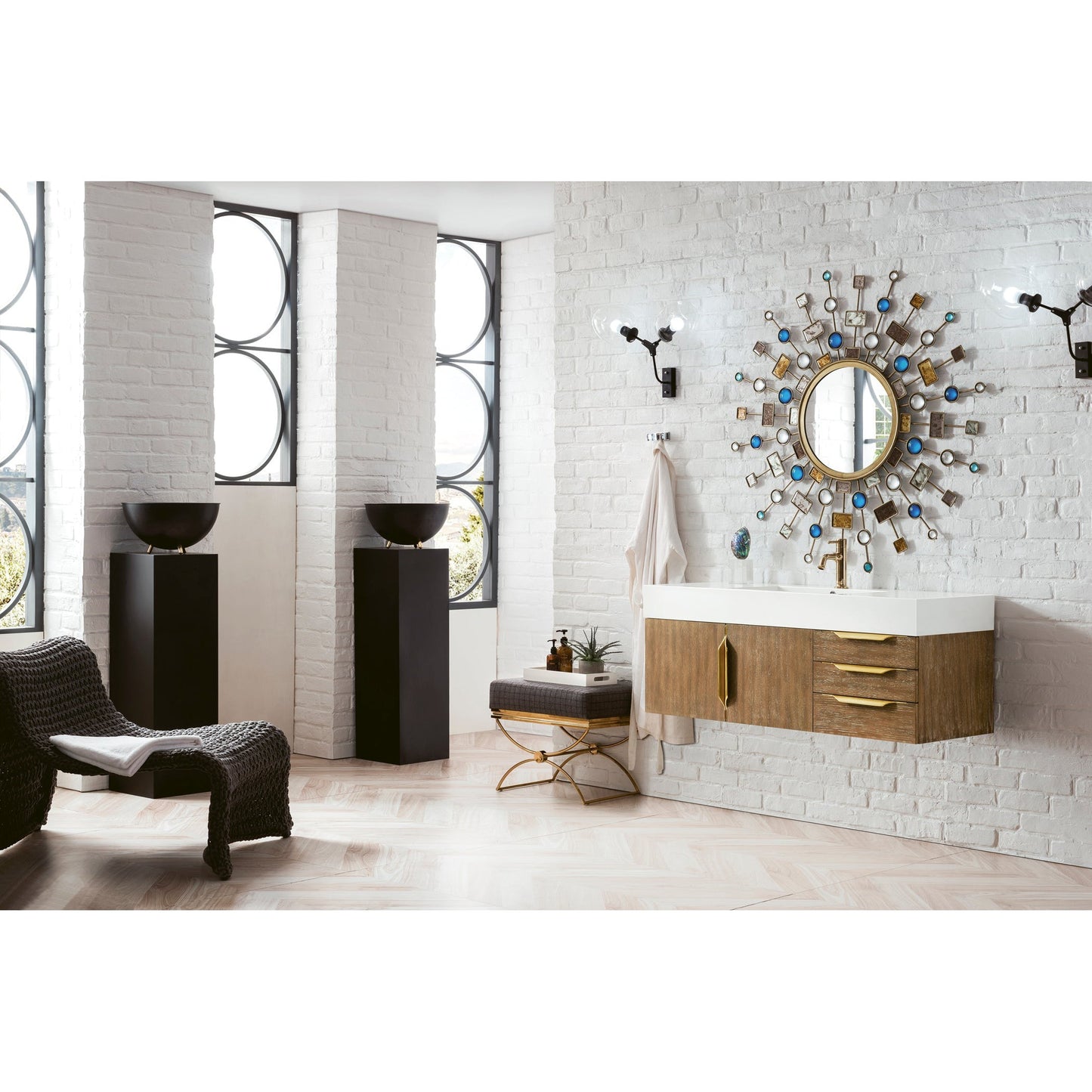 James Martin Vanities Columbia 48" Latte Oak and Radiant Gold Single Wall Mount Vanity With Glossy White Composite Stone Top