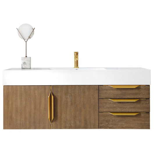 James Martin Vanities Columbia 48" Latte Oak and Radiant Gold Single Wall Mount Vanity With Glossy White Composite Stone Top