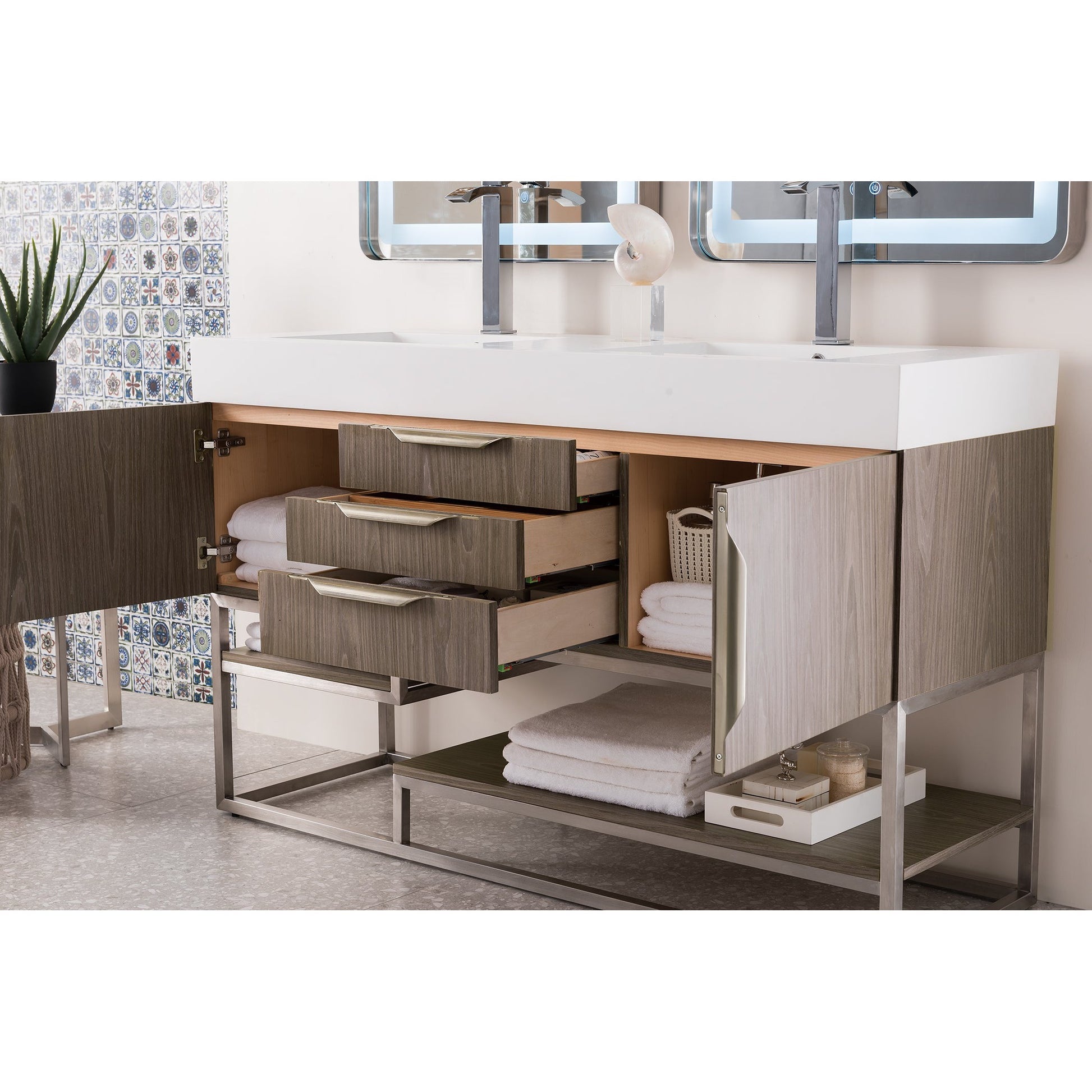 James Martin Vanities Columbia 59" Ash Gray and Brushed Nickel Double Vanity With Glossy White Composite Stone Top