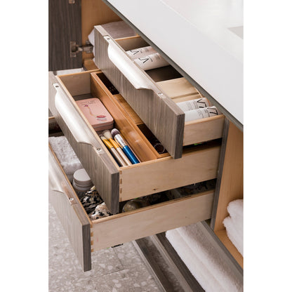 James Martin Vanities Columbia 59" Ash Gray and Brushed Nickel Double Vanity With Glossy White Composite Stone Top