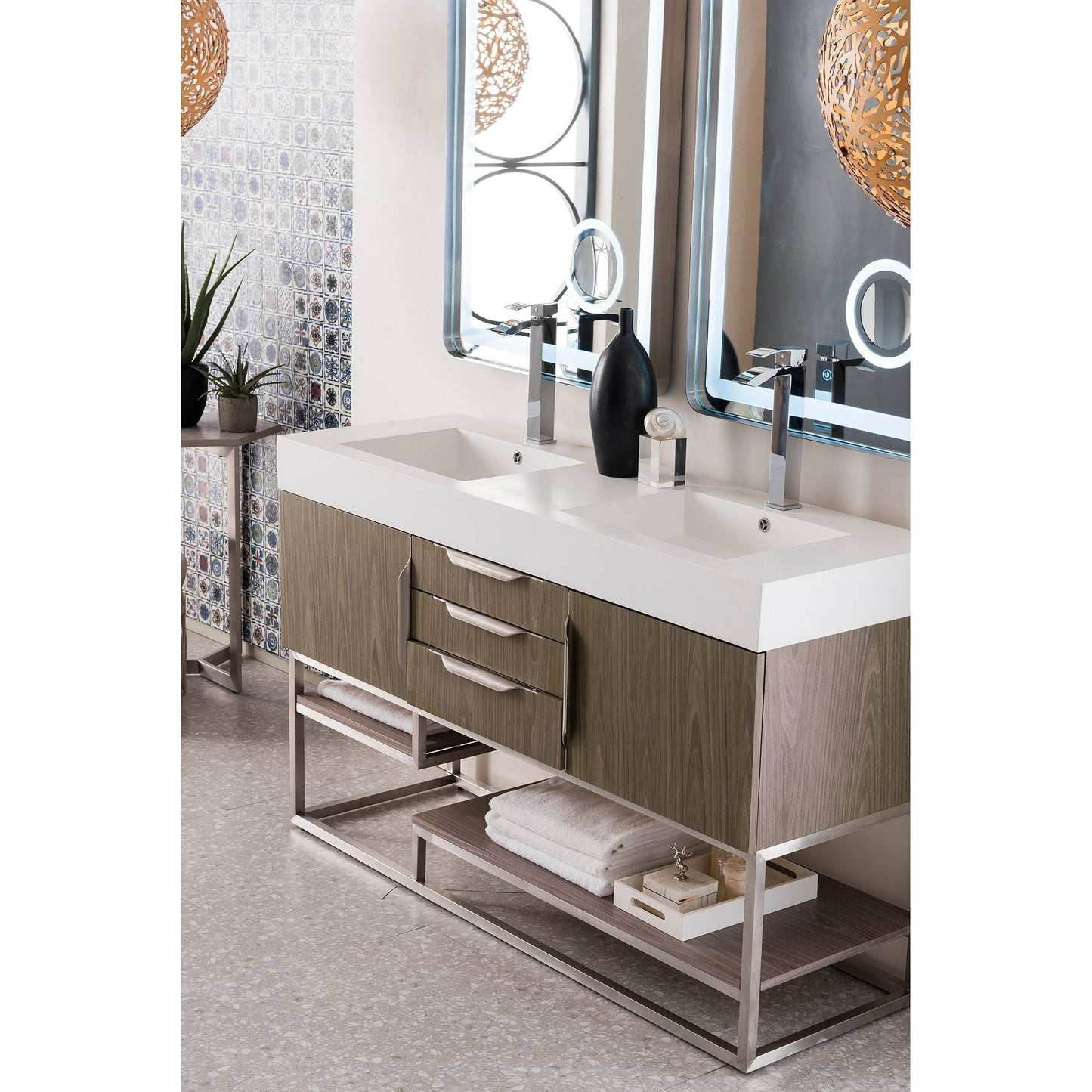 James Martin Vanities Columbia 59" Ash Gray and Brushed Nickel Double Vanity With Glossy White Composite Stone Top