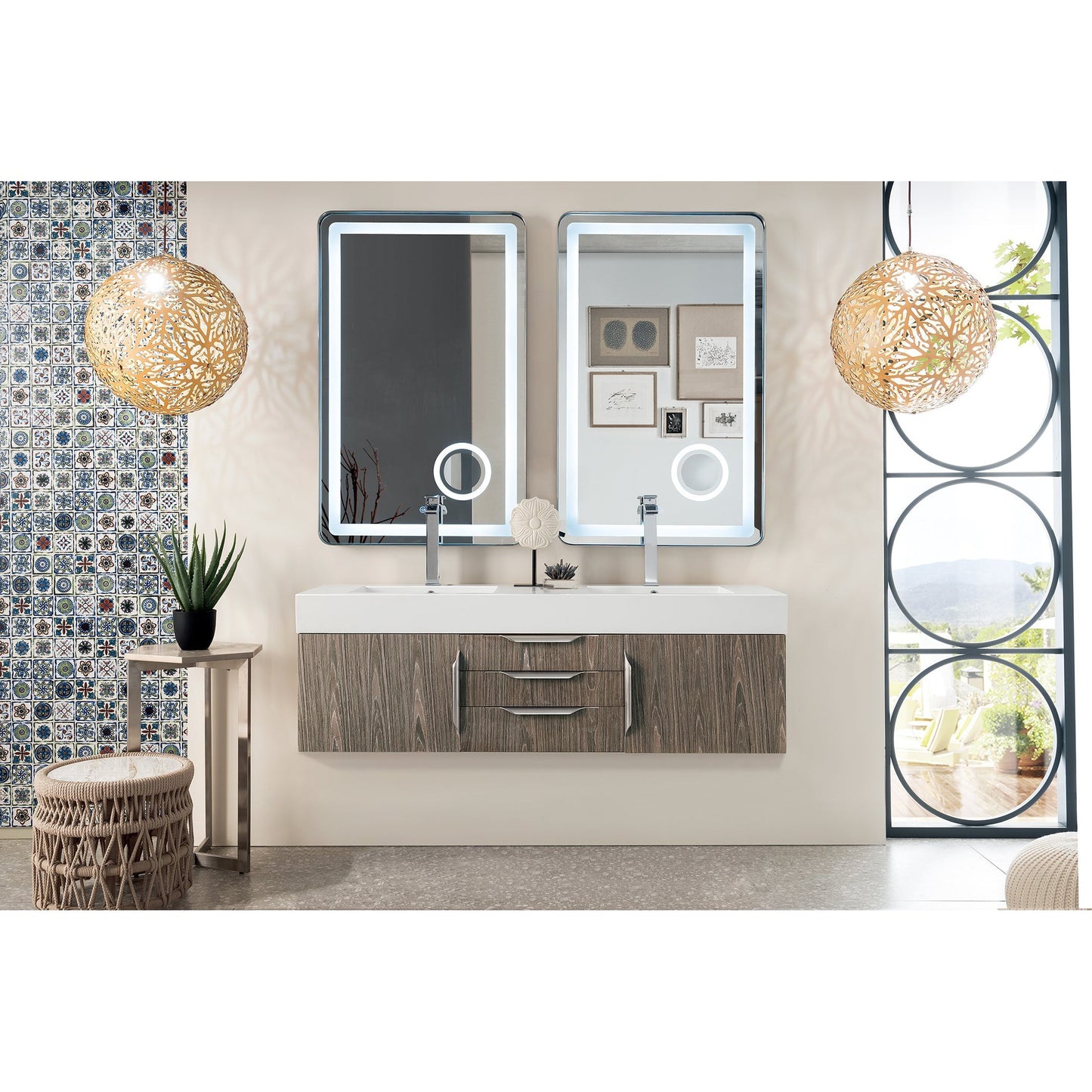 James Martin Vanities Columbia 59" Ash Gray and Brushed Nickel Double Wall Mount Vanity With Glossy White Composite Stone Top