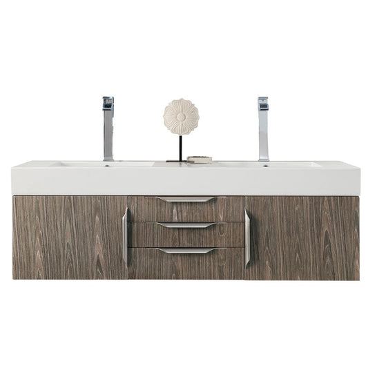 James Martin Vanities Columbia 59" Ash Gray and Brushed Nickel Double Wall Mount Vanity With Glossy White Composite Stone Top