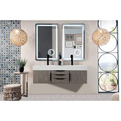 James Martin Vanities Columbia 59" Ash Gray and Matte Black Double Wall Mount Vanity With Glossy White Composite Stone Top