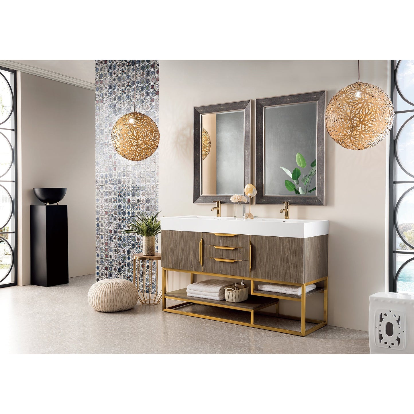 James Martin Vanities Columbia 59" Ash Gray and Radiant Gold Double Vanity With Glossy White Composite Stone Top