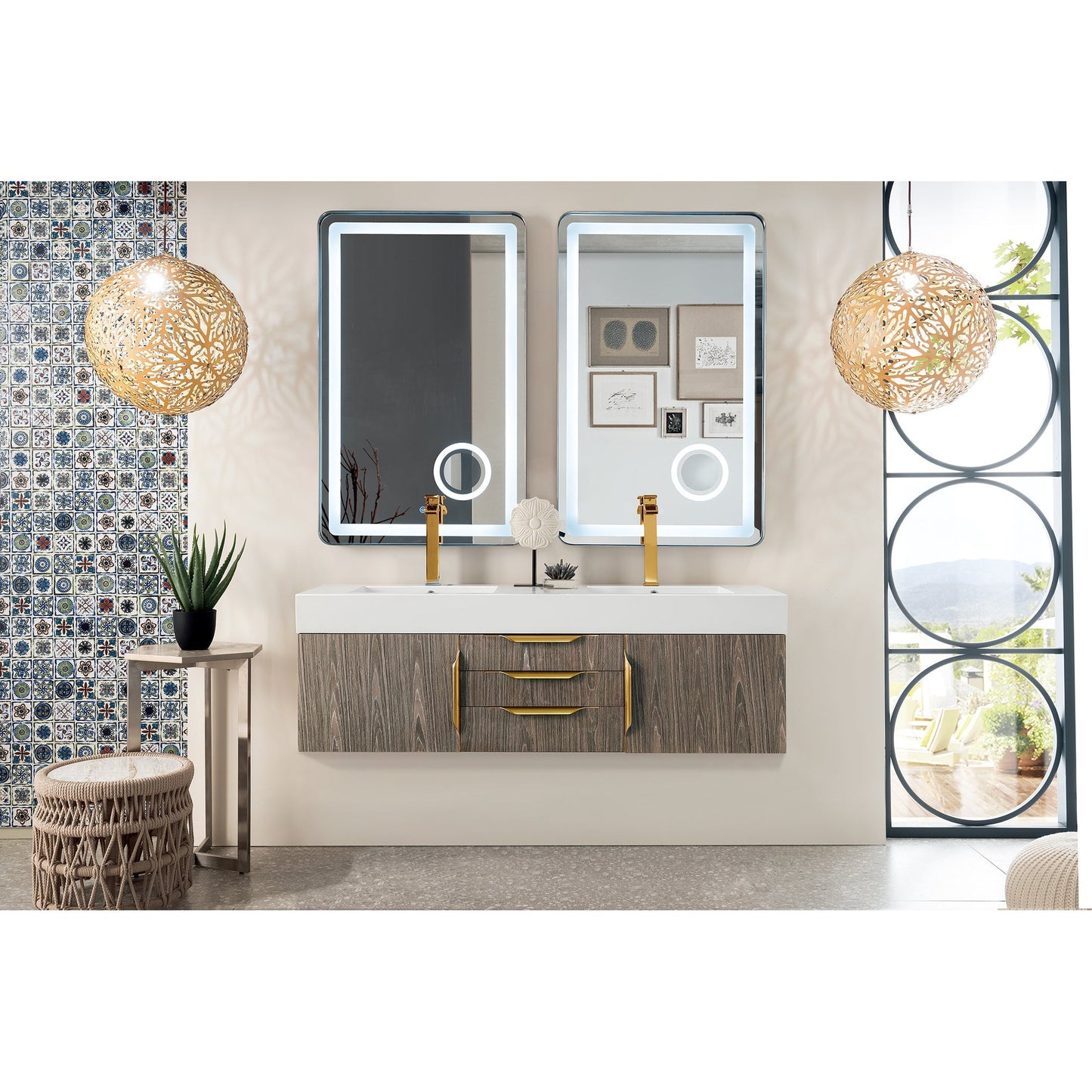 James Martin Vanities Columbia 59" Ash Gray and Radiant Gold Double Wall Mount Vanity With Glossy White Composite Stone Top