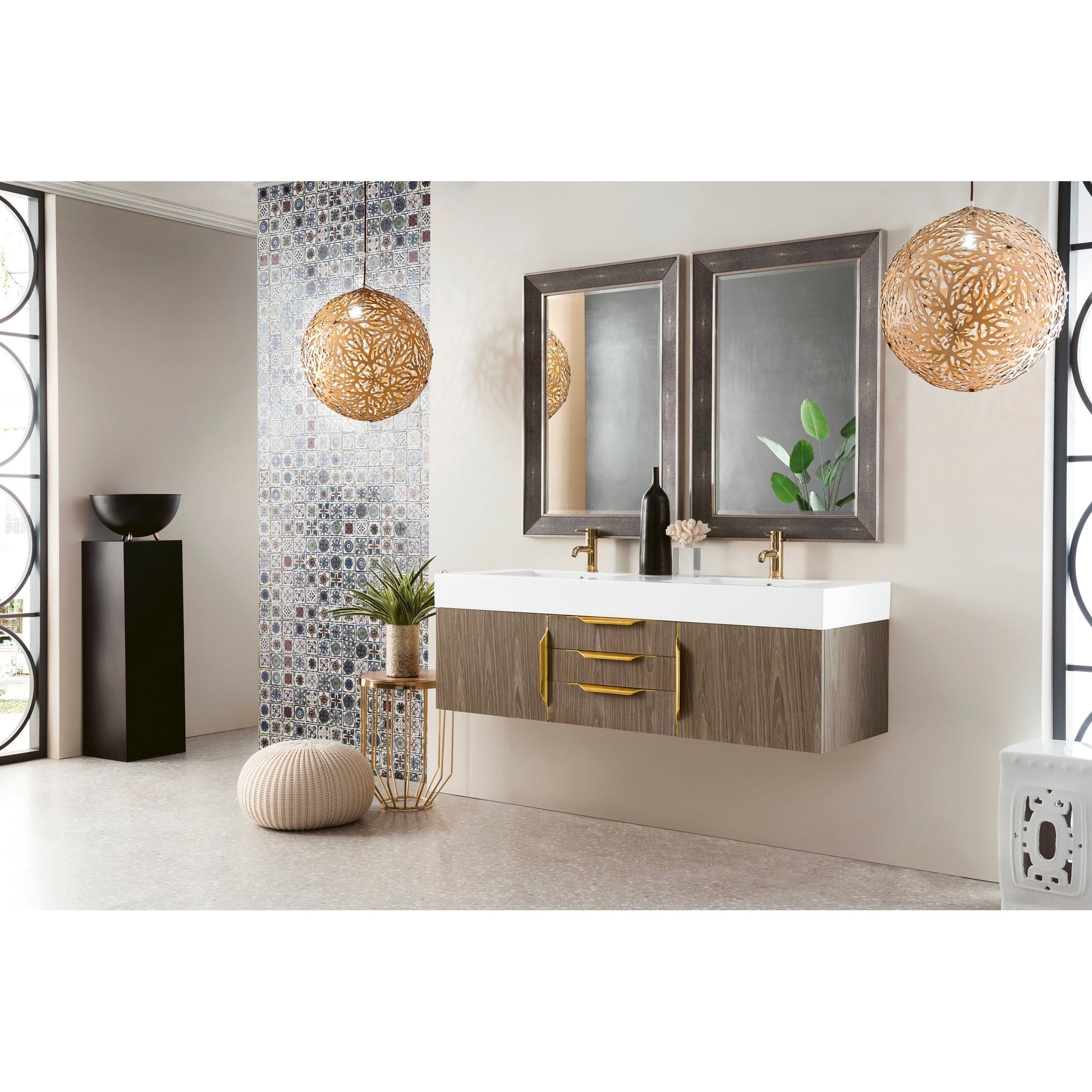 James Martin Vanities Columbia 59" Ash Gray and Radiant Gold Double Wall Mount Vanity With Glossy White Composite Stone Top