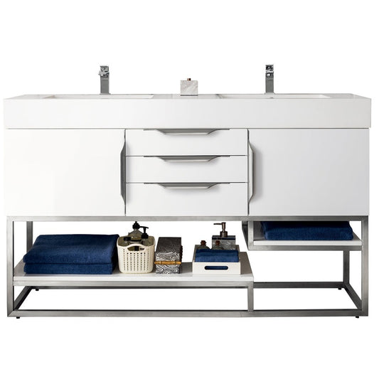 James Martin Vanities Columbia 59" Glossy White and Brushed Nickel Double Vanity Cabinet