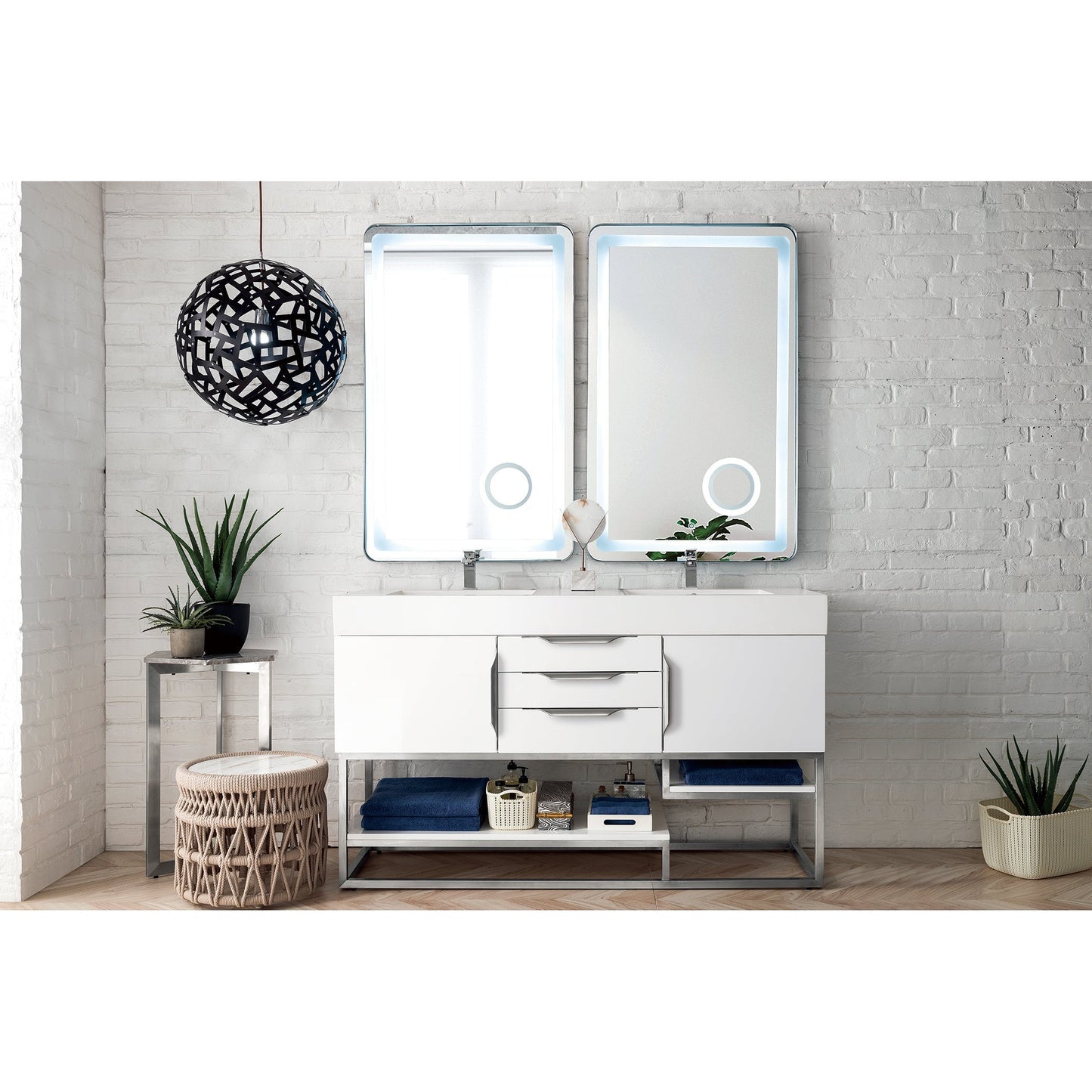 James Martin Vanities Columbia 59" Glossy White and Brushed Nickel Double Vanity With Glossy White Composite Stone Top