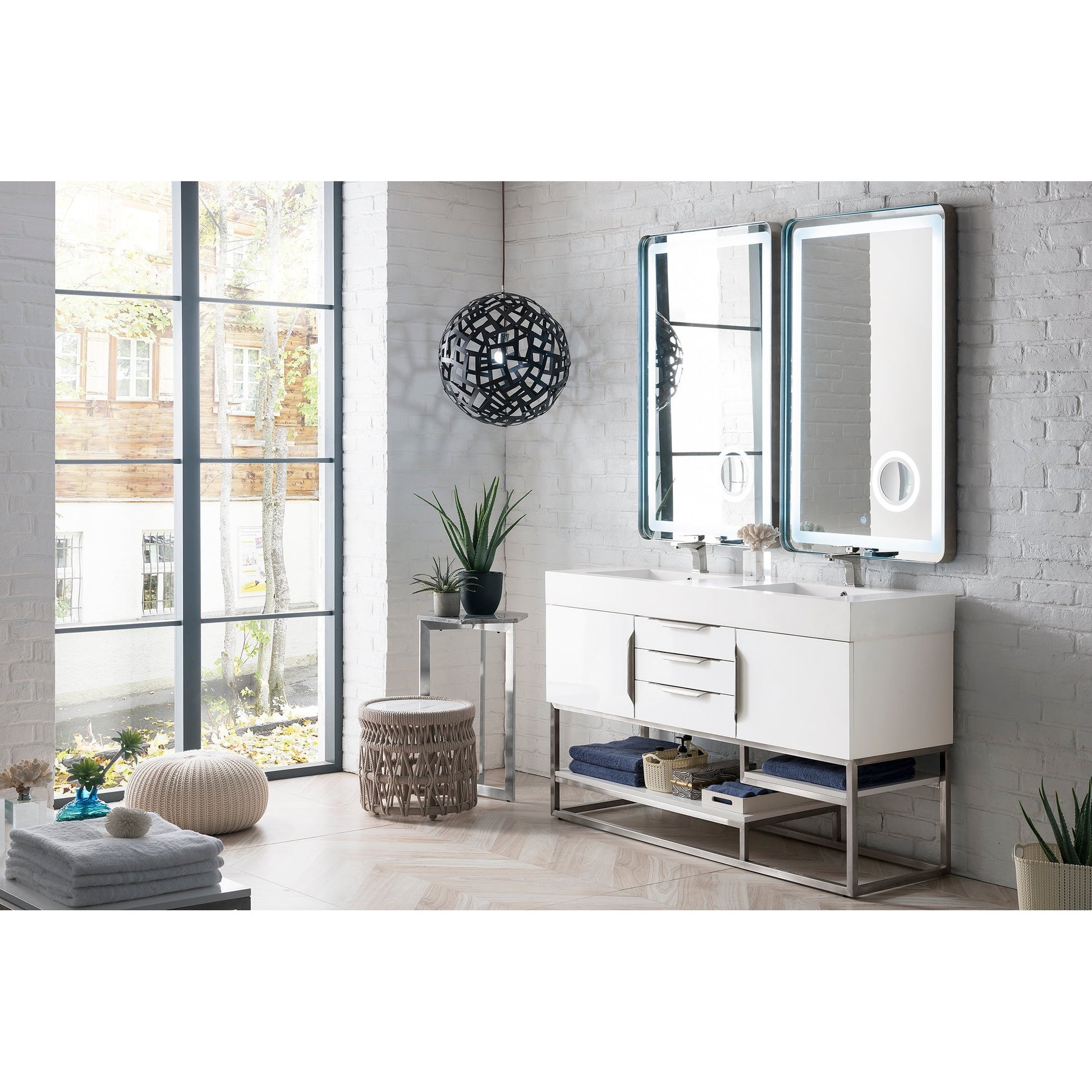 James Martin Vanities Columbia 59" Glossy White and Brushed Nickel Double Vanity With Glossy White Composite Stone Top