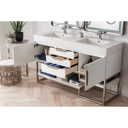 James Martin Vanities Columbia 59" Glossy White and Brushed Nickel Double Vanity With Glossy White Composite Stone Top