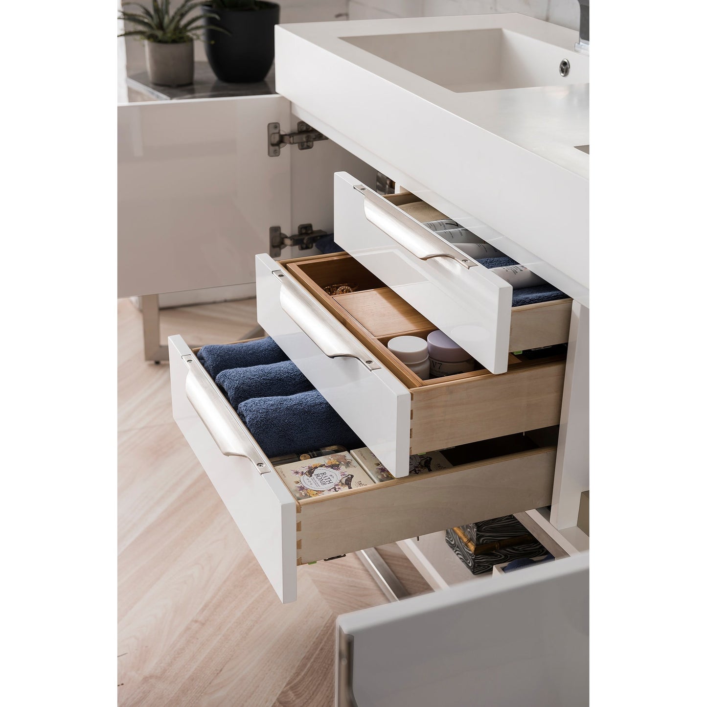 James Martin Vanities Columbia 59" Glossy White and Brushed Nickel Double Vanity With Glossy White Composite Stone Top