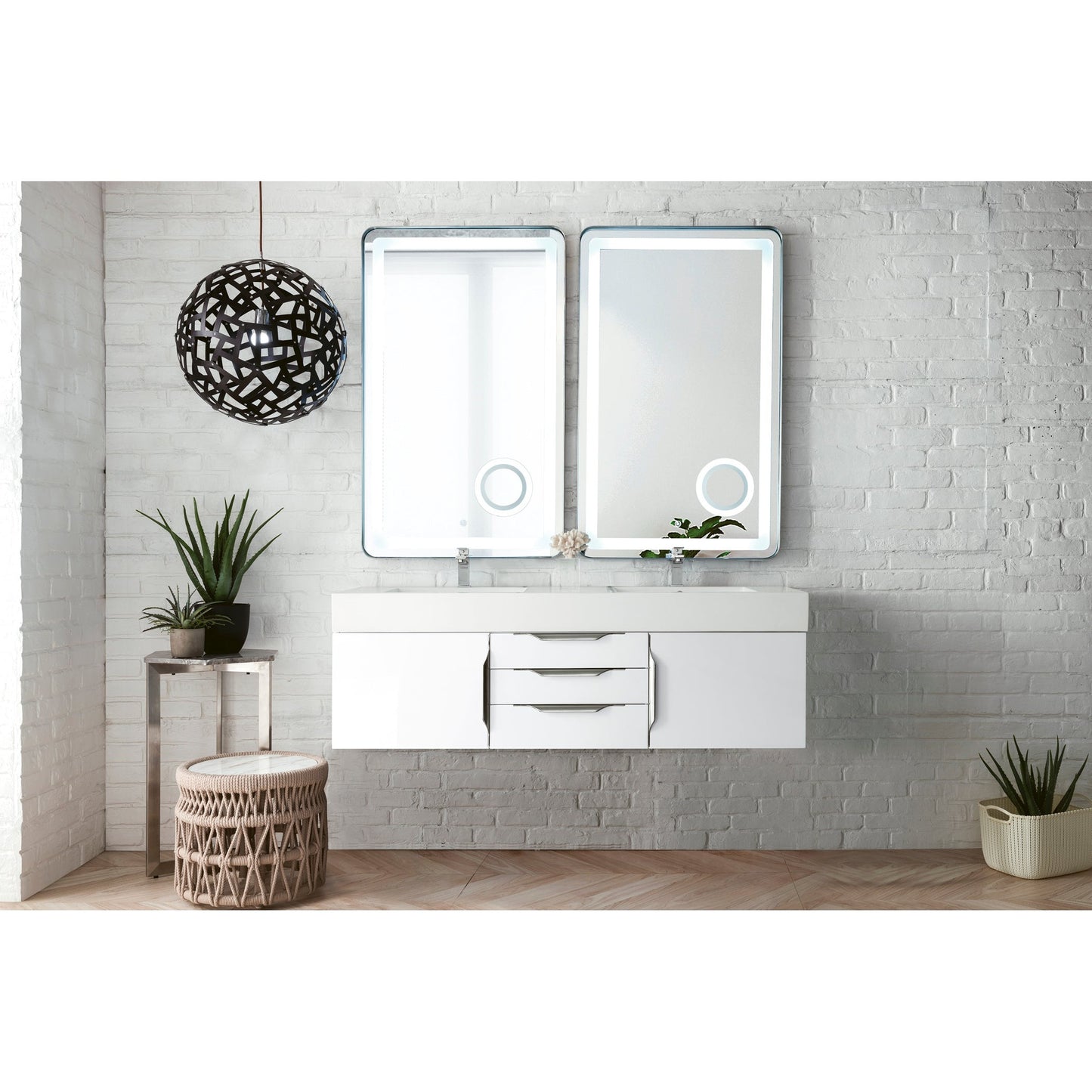 James Martin Vanities Columbia 59" Glossy White and Brushed Nickel Double Wall Mount Vanity With Glossy White Composite Stone Top