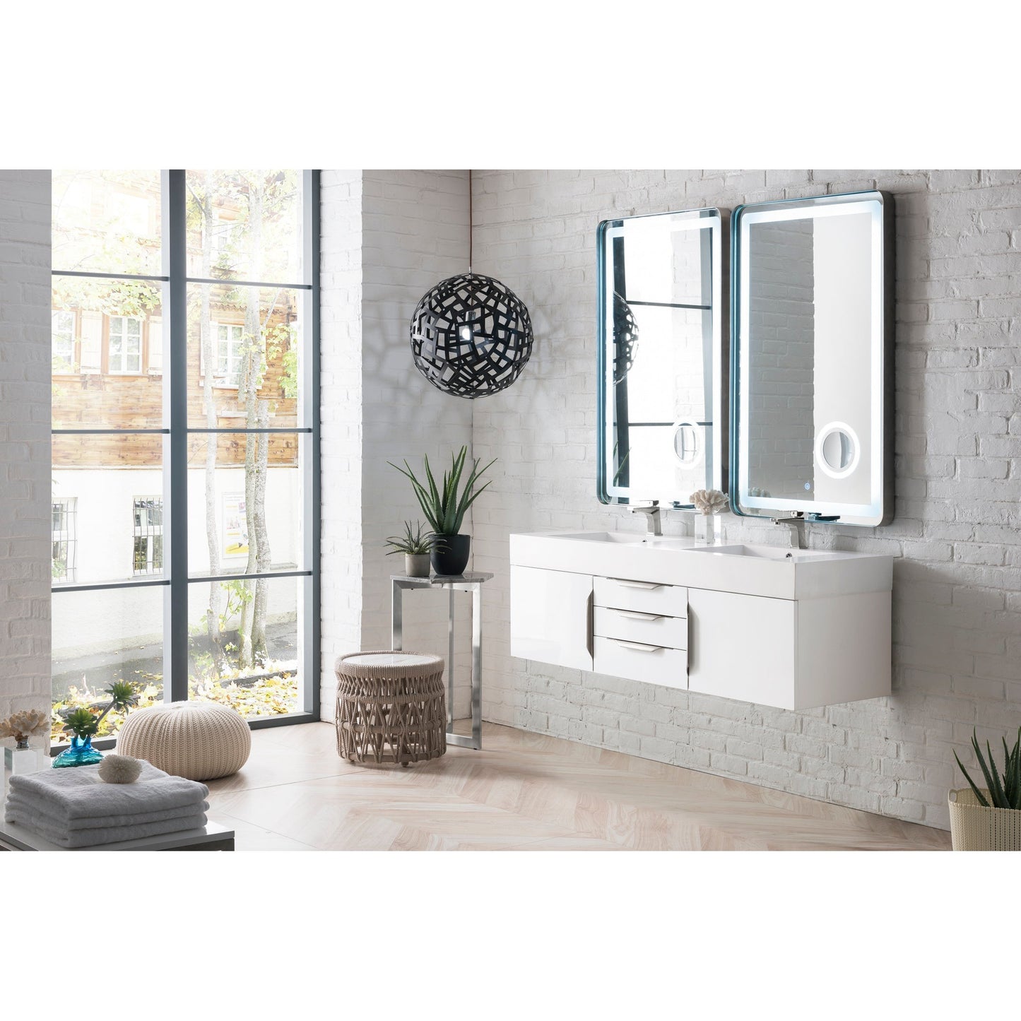 James Martin Vanities Columbia 59" Glossy White and Brushed Nickel Double Wall Mount Vanity With Glossy White Composite Stone Top