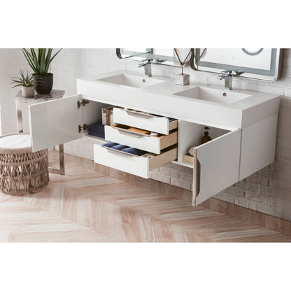 James Martin Vanities Columbia 59" Glossy White and Brushed Nickel Double Wall Mount Vanity With Glossy White Composite Stone Top