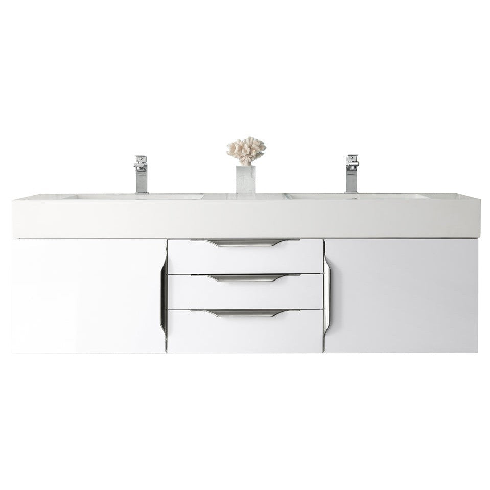 James Martin Vanities Columbia 59" Glossy White and Brushed Nickel Double Wall Mount Vanity With Glossy White Composite Stone Top