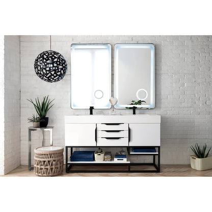 James Martin Vanities Columbia 59" Glossy White and Matte Black Double Vanity With Glossy White Composite Stone Top