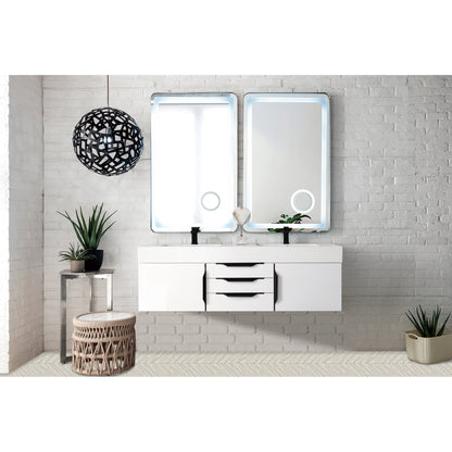 James Martin Vanities Columbia 59" Glossy White and Matte Black Double Wall Mount Vanity With Glossy White Composite Stone Top