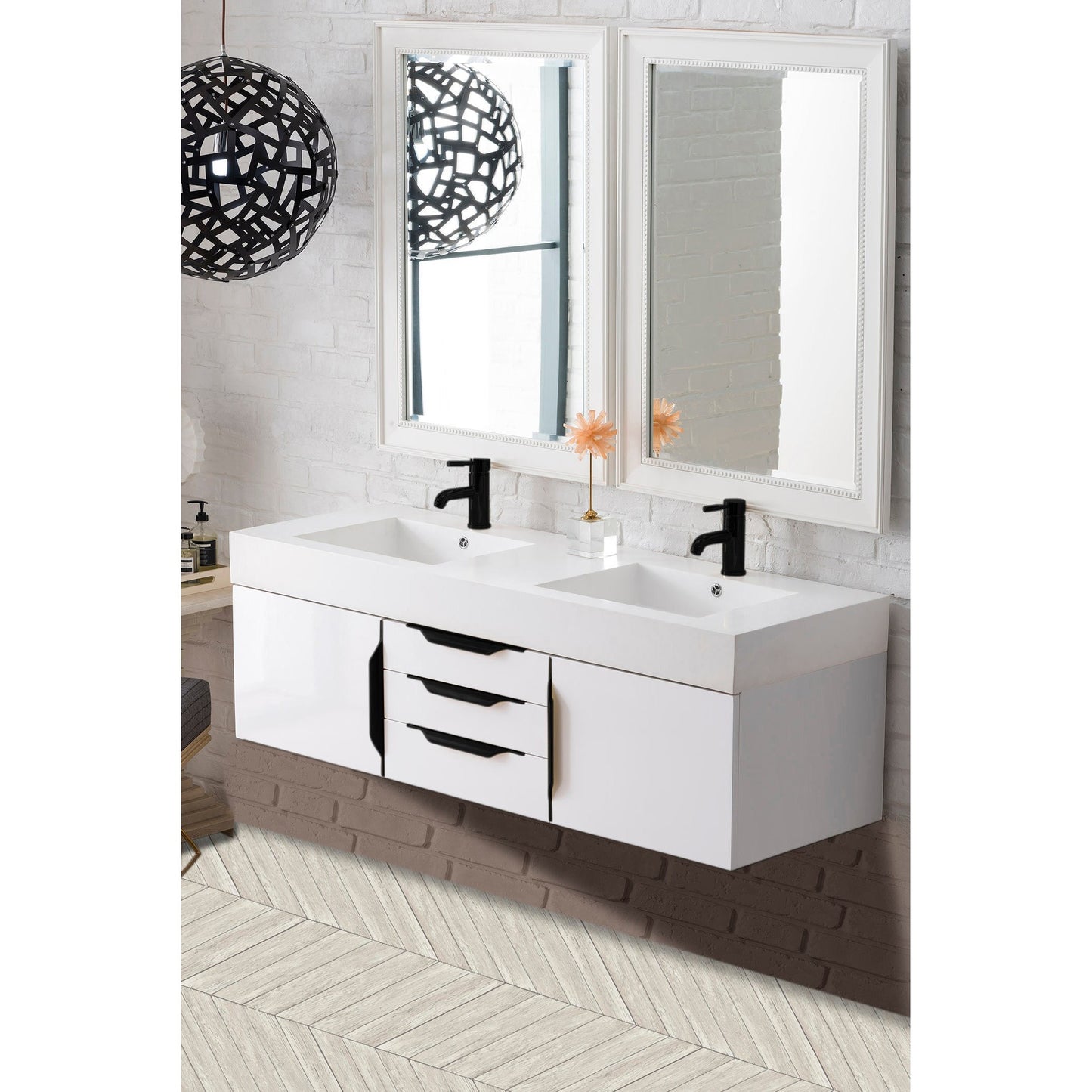 James Martin Vanities Columbia 59" Glossy White and Matte Black Double Wall Mount Vanity With Glossy White Composite Stone Top