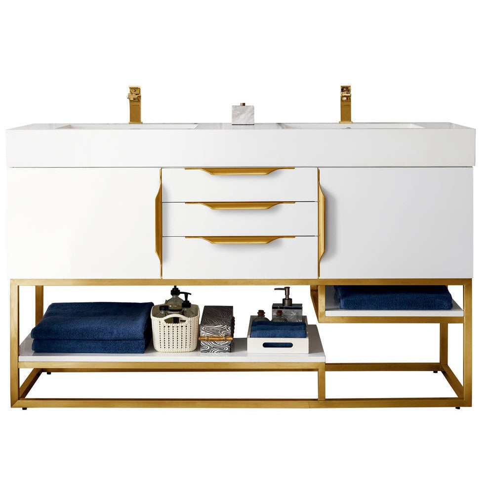 James Martin Vanities Columbia 59" Glossy White and Radiant Gold Double Vanity Cabinet