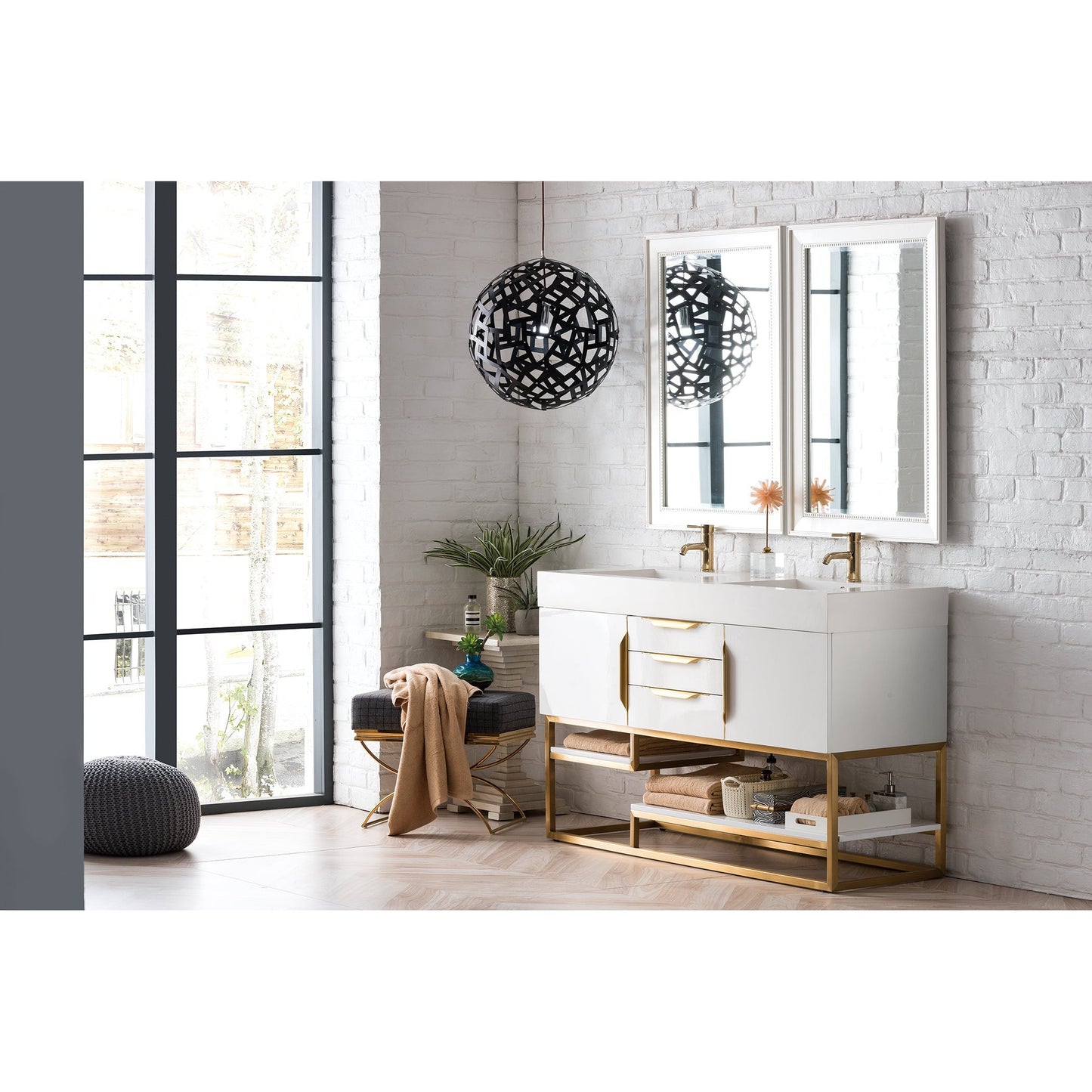 James Martin Vanities Columbia 59" Glossy White and Radiant Gold Double Vanity With Glossy White Composite Stone Top