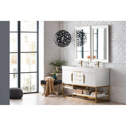 James Martin Vanities Columbia 59" Glossy White and Radiant Gold Double Vanity With Glossy White Composite Stone Top