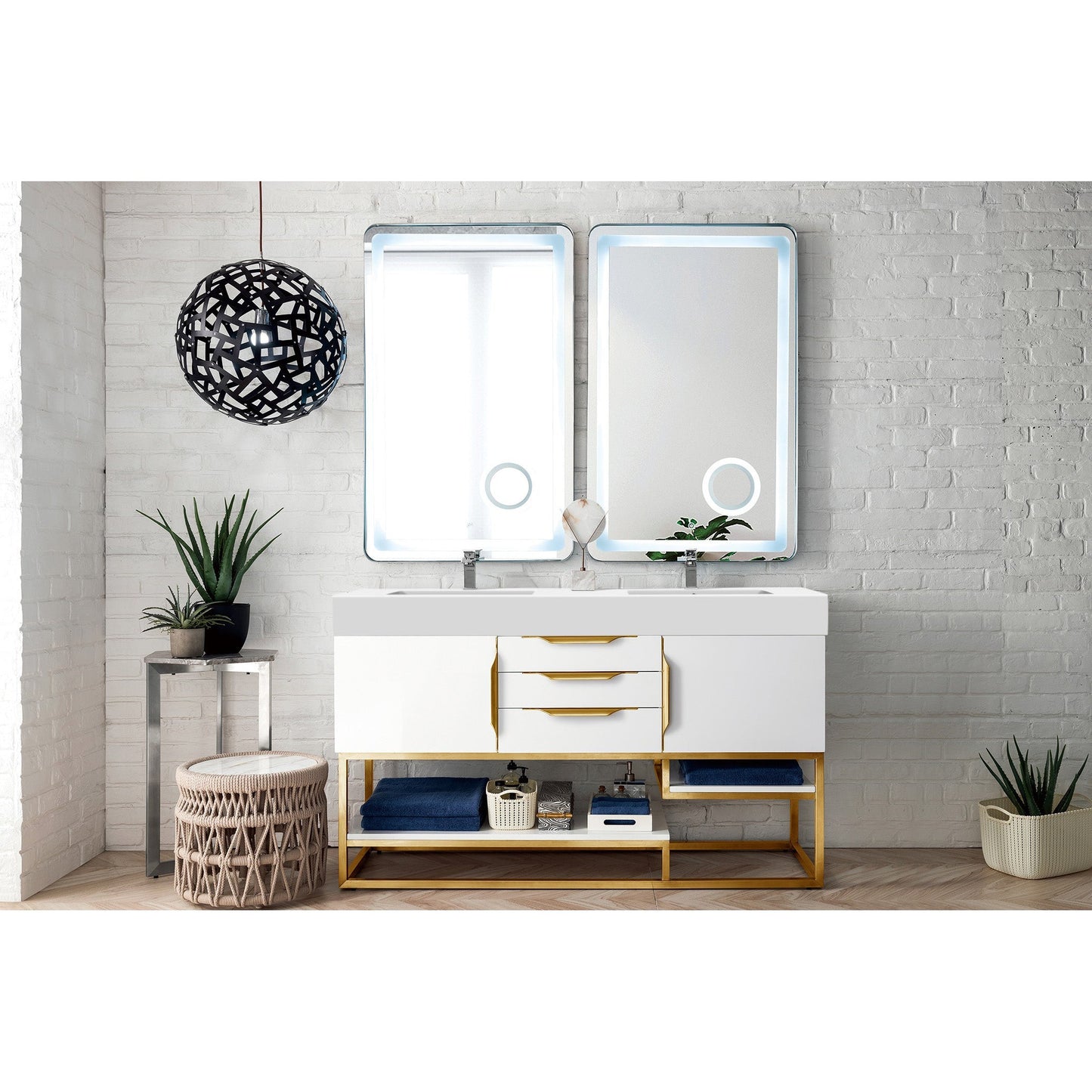 James Martin Vanities Columbia 59" Glossy White and Radiant Gold Double Vanity With Glossy White Composite Stone Top